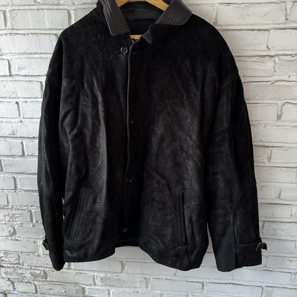 Andre‎ Leather Jacket Mens 46 Black Suede Made Canada Belted Cuffs Coat Lined